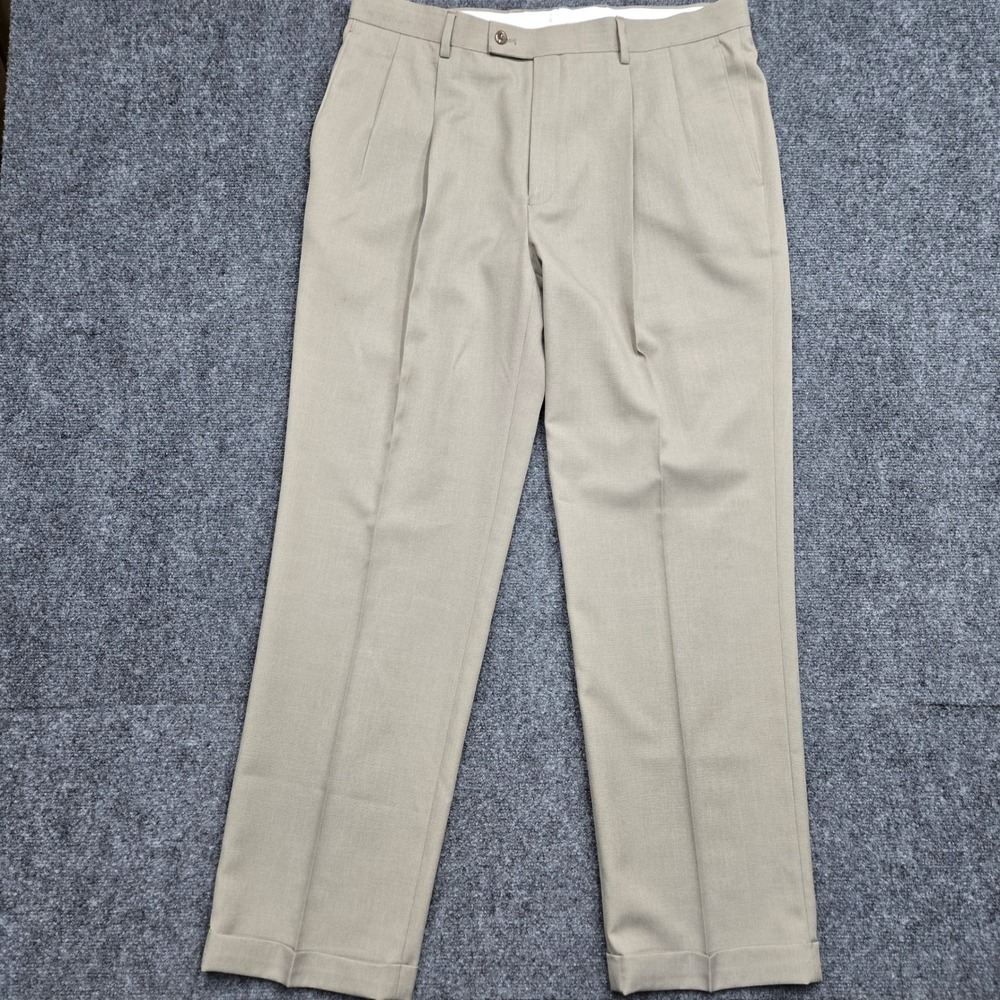 Alan Flusser Mens Size 38x32 Khaki Tan Pleated Cuffed Dress Pants Trousers